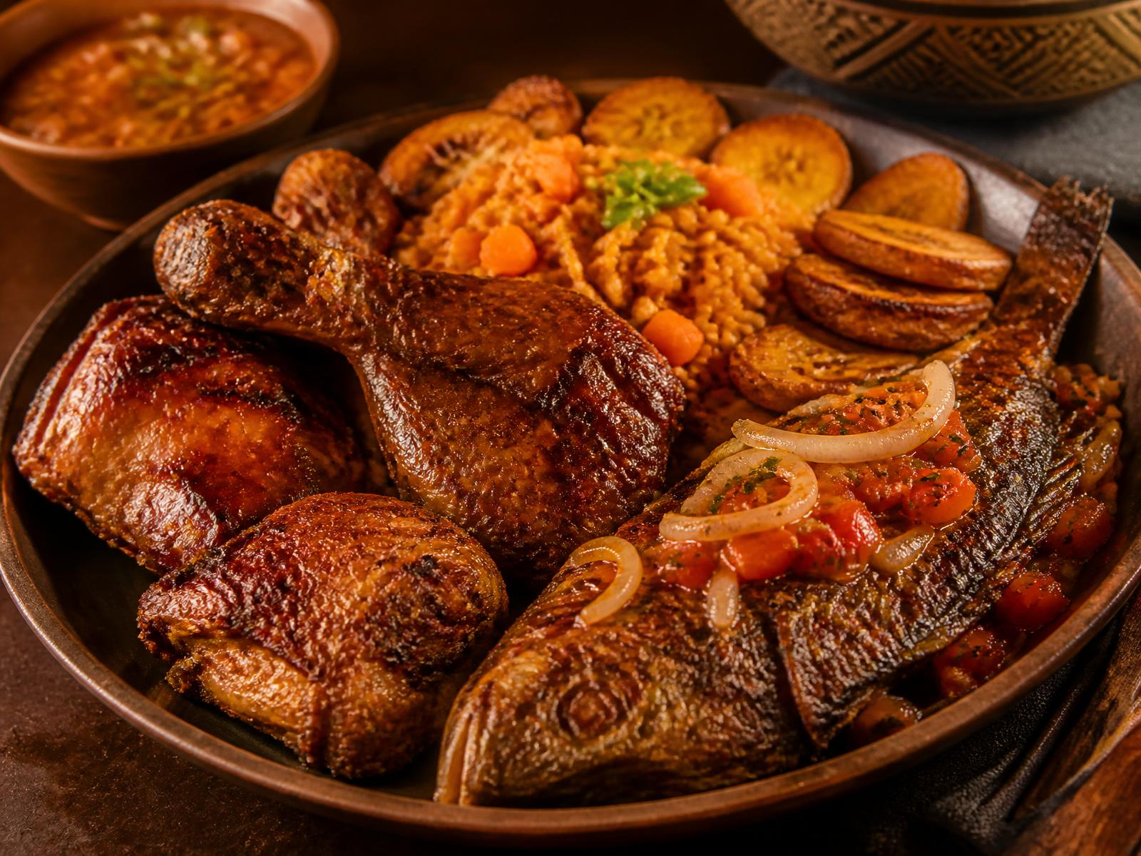 Assiette généreuse de poulet, poisson braisé, riz et alloco, mise en scène pour un contenu Instagram