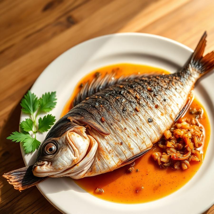 Poisson braisé aux légumes, plat typique proposé à la commande en ligne dans un restaurant