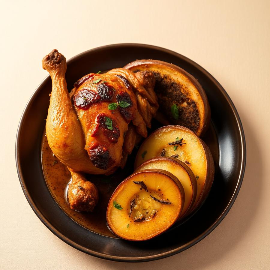 Plat de poulet grillé accompagné de légumes, présenté comme sur un menu digital consultable par QR Code