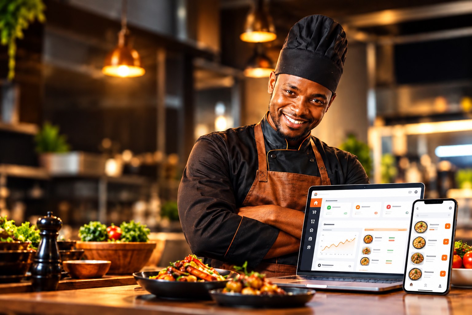 Restaurateur souriant présentant son restaurant, prêt à accueillir plus de clients