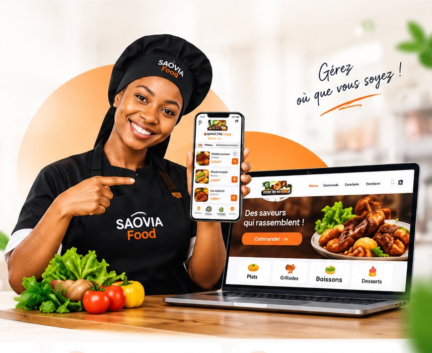 Restauratrice présentant l'espace de gestion SAOVIA Food sur smartphone, utilisé pour suivre ses clients