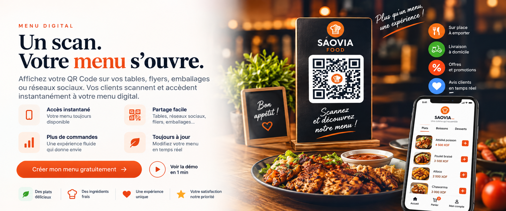 Présentation du menu digital SAOVIA Food : support de table avec QR Code à scanner, smartphone affichant le menu et options sur place, livraison, promotions et avis clients